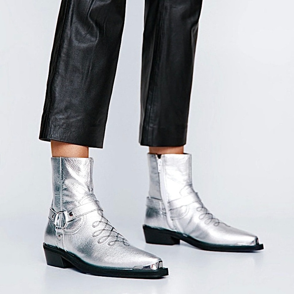 Nasty Gal Real Leather Metallic Western Boots w/ Moto Harness New Silver